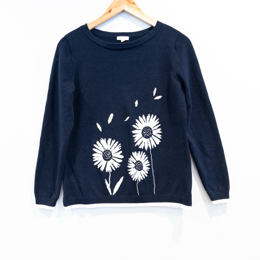 Talbots Navy & White Daisy In The Wind Intarsia Sweater Small Artsy Twee